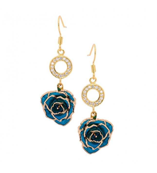 Blue Glazed Rose Earrings in 24K Gold