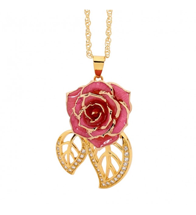 Pink Glazed Rose Pendant in 24K Gold Leaf Theme