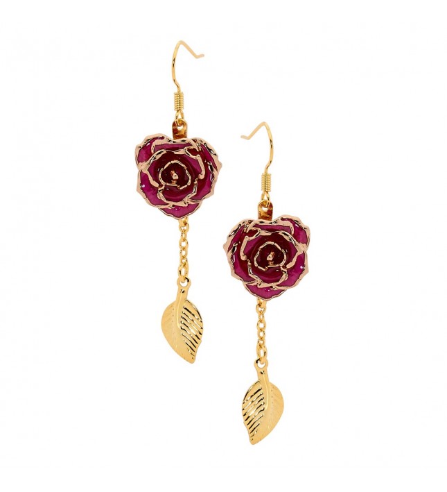Purple Glazed Rose Earrings in 24K Gold Leaf Style
