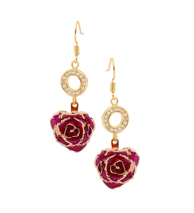 Purple Glazed Rose Earrings in 24K Gold