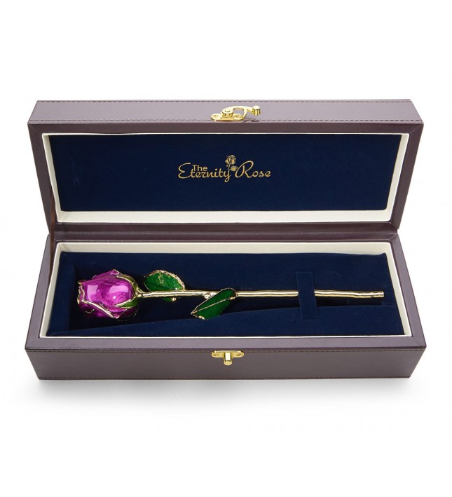 Purple Tight Bud Glazed Rose Trimmed with 24K Gold 12"