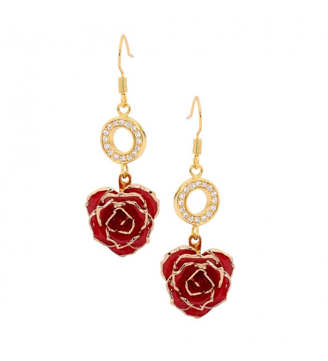 Red Glazed Rose Earrings in 24K Gold