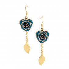 Blue Glazed Rose Earrings in 24K Gold Leaf Style