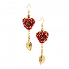 Red Glazed Rose Earrings in 24K Gold Leaf Style