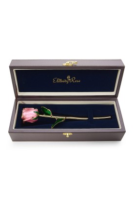 Pink Tight Bud Glazed Rose Trimmed with 24K Gold 12"